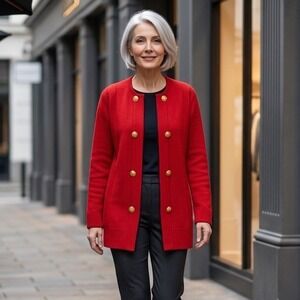 Vintage Carine Paris Red Knit Wool Cardigan Jacket Gold Anchor Buttons Womens L